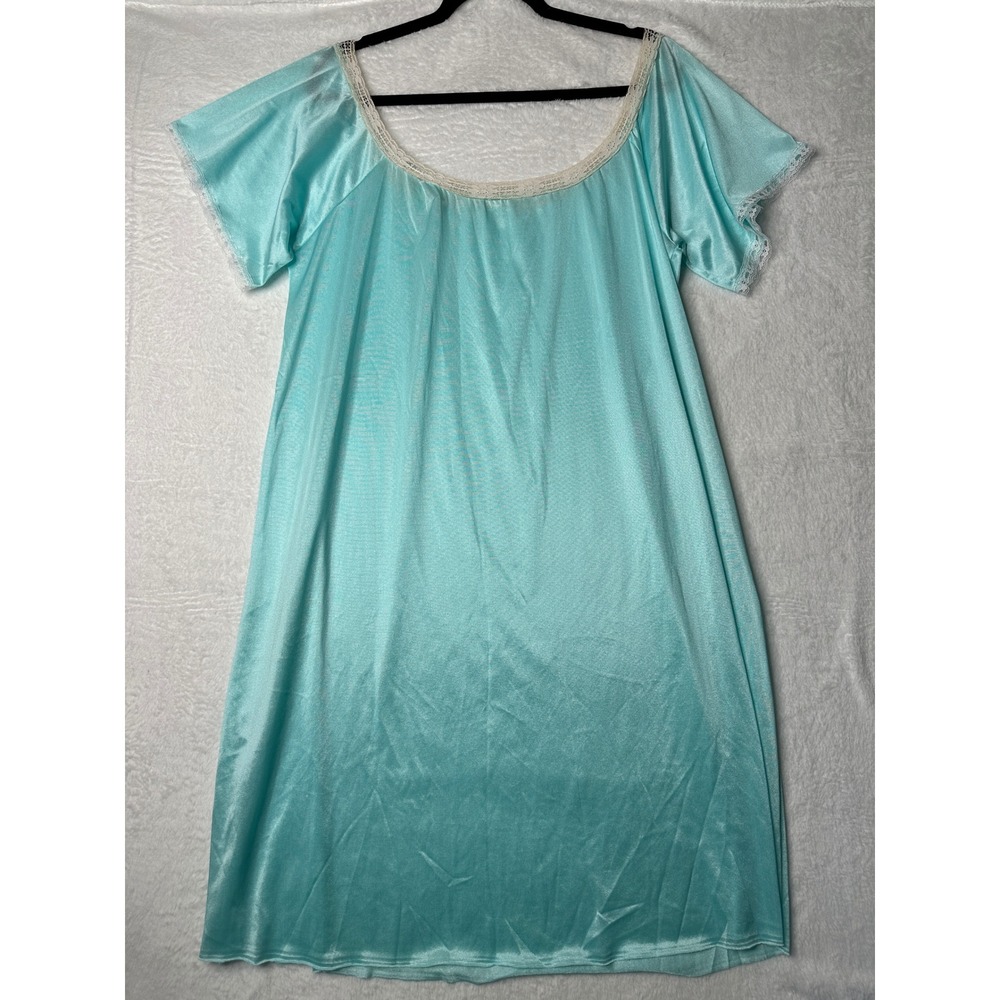 Private Moments Nightgown Womens Large Blue Lace Trim Short Sleeve Nylon Vintage